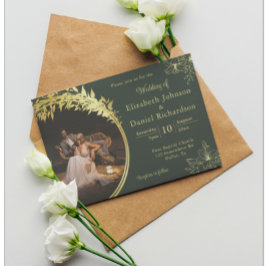 Invitación Elegante clásico de oro, Boda fotográfico verde