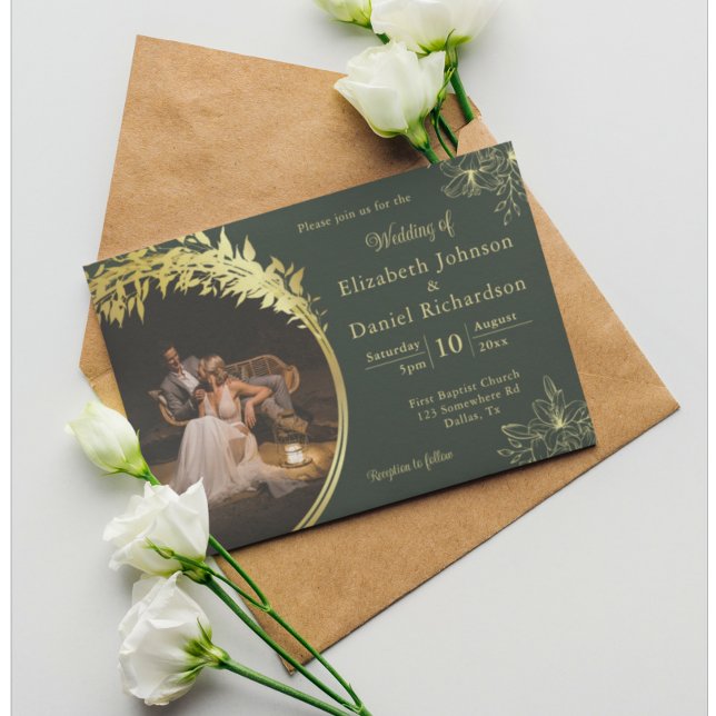 Invitación Elegante clásico de oro, Boda fotográfico verde (Subido por el creador)