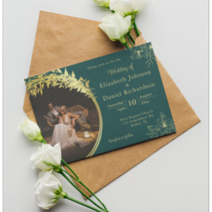 Invitación Elegante clásico de oro, Verde azulado Boda de fot