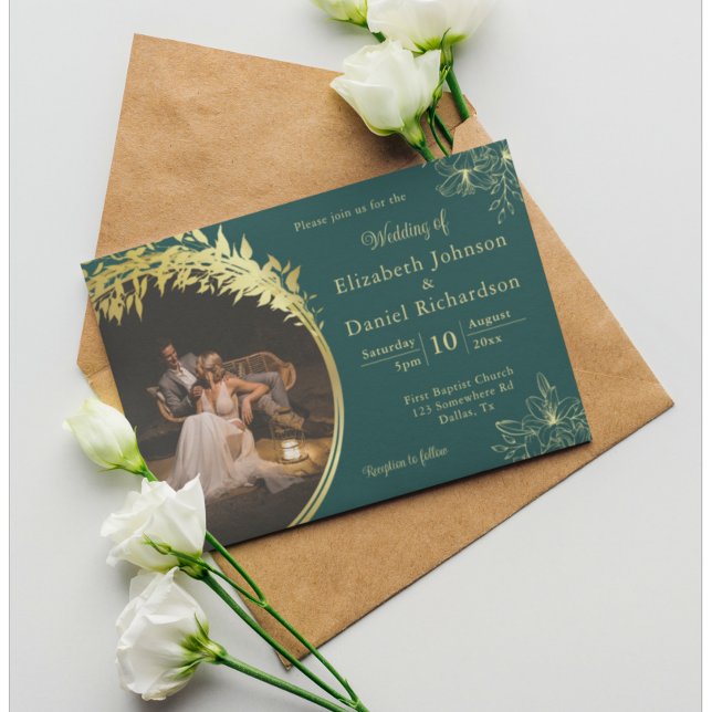 Invitación Elegante clásico de oro, Verde azulado Boda de fot (Subido por el creador)