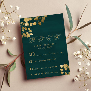 Invitación Elegante clásico de oro verde oscuro eucalipto RSV