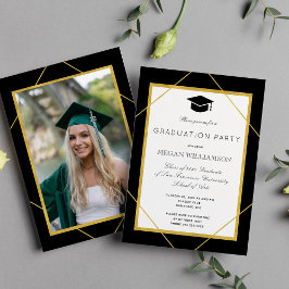 Invitación Elegante clásico guión oro negro fiesta de graduac