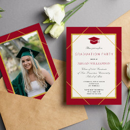 Invitación Elegante clásico guión oro rojo fiesta de graduaci