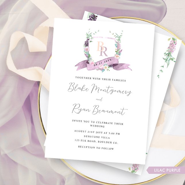 Invitación Elegante Clásico Lilac Púrpura, Monograma Rosa Bod (Subido por el creador)