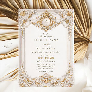 Invitación Elegante Clásico Marco Barroco Dorado y Blanco Bod