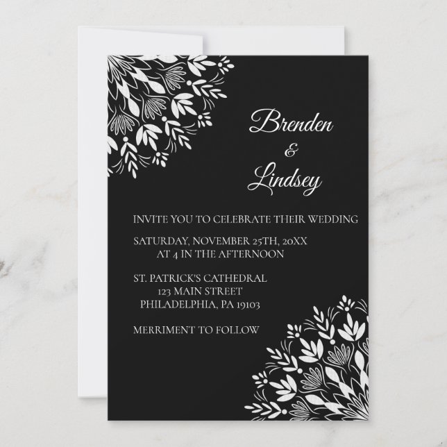 Invitación Elegante clásico moderno floral blanco y negro (Anverso)