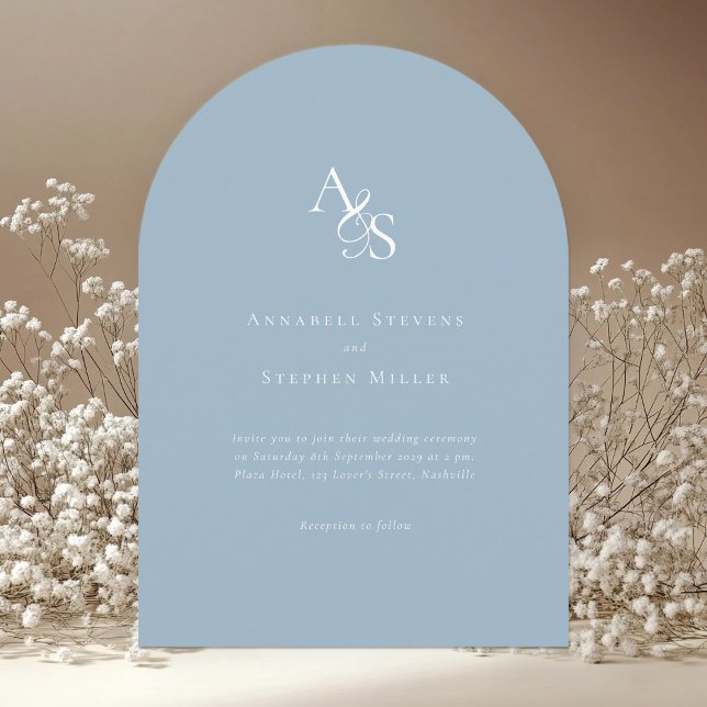 Invitación Elegante, clásico, monograma, azul polvo, Boda (Elegant, Classic, Monogram, Powder-Blue, Wedding Invitation)