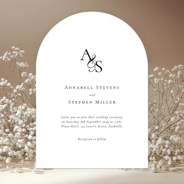 Invitación Elegante, clásico, monograma, blanco, Boda (Elegant, classic, monogram, black & white, arch wedding invitation.)