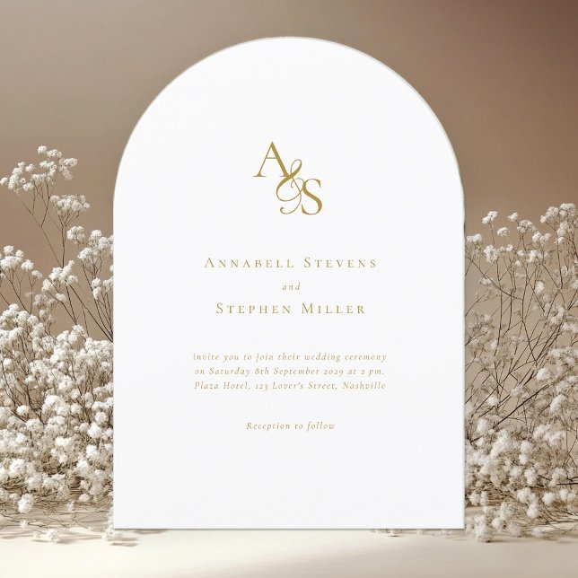 Invitación Elegante, clásico, monograma, blanco, Boda (Elegant, classic, monogram, white & beige, arch wedding invitation.)