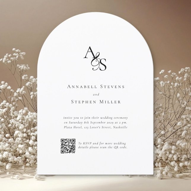 Invitación Elegante, clásico, monograma, blanco, Boda de códi (Elegant, Classic, Monogram, White, QR Code Wedding Invitation)