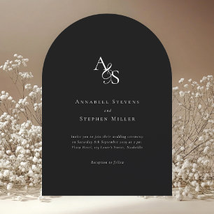 Invitación Elegante, clásico, monograma, negro, Boda de arco