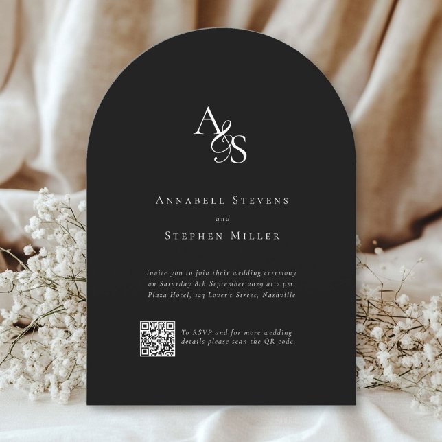 Invitación Elegante, clásico, monograma, negro, Boda de códig (Elegant, classic, monogram, black+white, QR Code wedding invitation.)