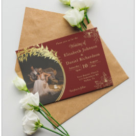 Invitación Elegante clásico oro, Boda fotográfico de Borgoña