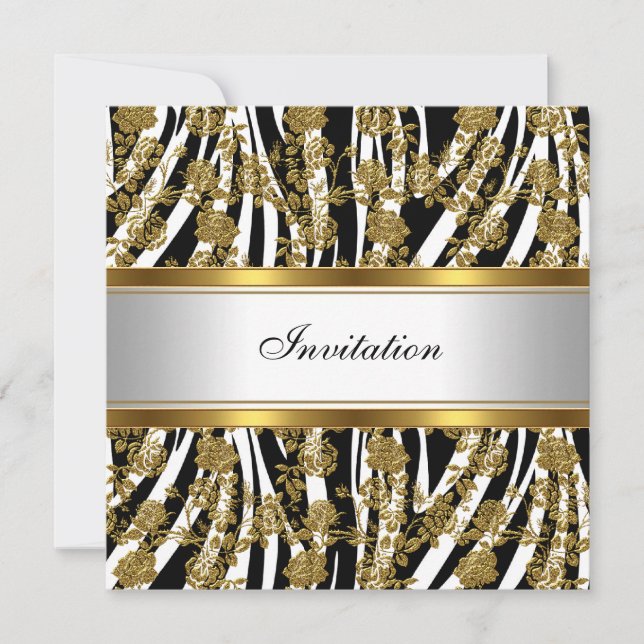 Invitación Elegante Clásico Oro Negro Floral de ce (Anverso)