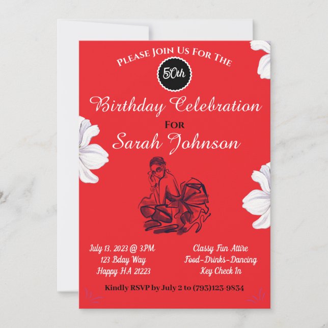 Invitación Elegante Clásico Rojo Negro y Blanco 50 cumpleaños (Anverso)