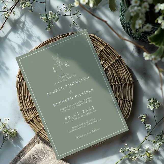 Invitación Elegante clásico Sage Green Leaf Monograma Boda (Subido por el creador)