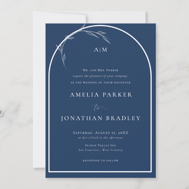 Invitación Elegante Clásico Script Azul | Boda Formal (Anverso)
