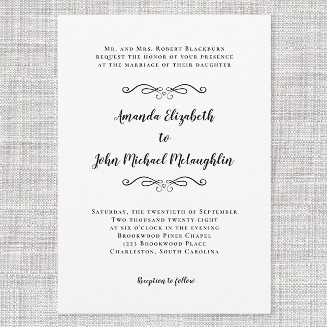 Invitación Elegante Clásico Simple Formal Boda Negro (Elegant Script Classic Simple Formal Wedding Black Invitation)