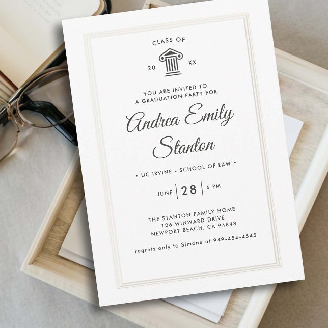 Invitación Elegante Clásico Triple Formación en Derecho de Ma (law school graduation party invitation court house class of faux embossed frame elegant template)