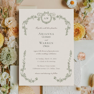 Invitación Elegante Clásico Vintage Verde Monograma Boda 