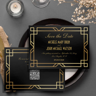 Invitación Elegante Classic Black Gold QR Code Guardar la fec