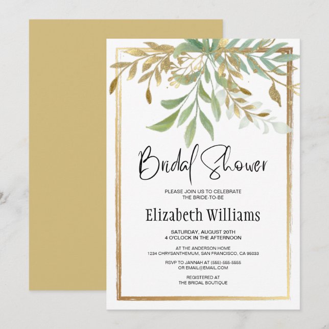 Invitación Elegante Classic Border Gold & Greenery Bridal Sho (Anverso / Reverso)