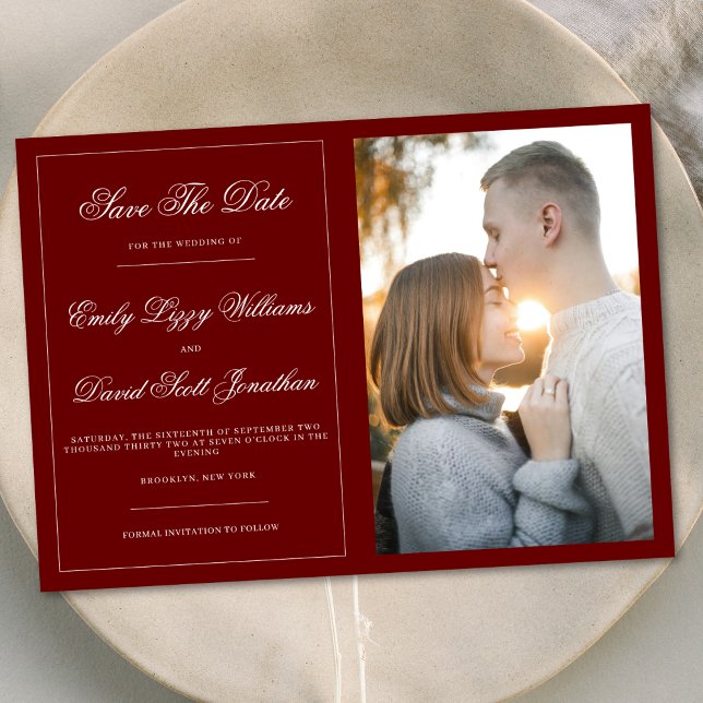 Invitación Elegante Classic Crimson Red Photo Save The Date (Subido por el creador)