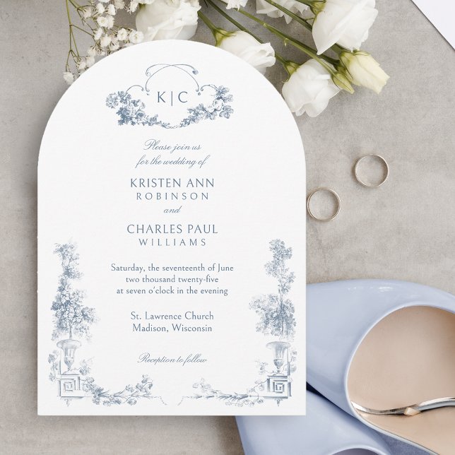 Invitación Elegante Classic Dusty Blue Floral Francesa (Subido por el creador)
