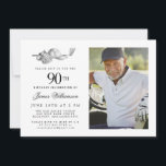 Invitación Elegante Classic Golf 90th Birthday Party Photo<br><div class="desc">Elegante invitación de cumpleaños en blanco y negro para un golfista. La parte superior de la invitación está decorada con accesorios de golf: un club de golf, una pelota de golf, un gorra y guantes. La acuarela crea una estética tradicional y clásica. Perfecto para una fiesta de cumpleaños en el...</div>