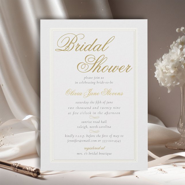Invitación Elegante Classic Triple Frame Marfil Marfil Bridal (faux embossed triple frame formal elegant bridal shower invitation white gold flourishes calligraphy)