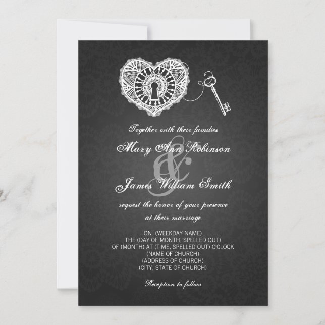 Invitación Elegante Clave De Boda Para Mi Corazón Negro (Anverso)