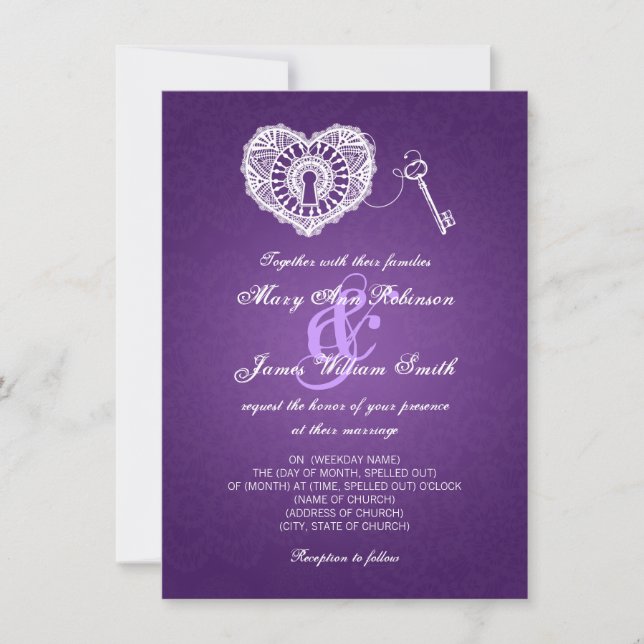 Invitación Elegante Clave De Boda Para Mi Corazón Púrpura (Anverso)
