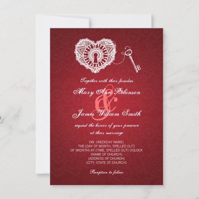 Invitación Elegante Clave De Boda Para Mi Corazón Rojo (Anverso)