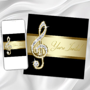 Invitación Elegante Clave de Sol Negra y Dorada Musical