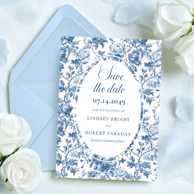 Invitación Elegante Coche de Boda de Ahorro de Fecha con Rosa (Announce your special day with this Elegant Navy Roses Toile de Jouy Save the Date. Featuring navy, )