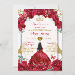 Invitación Elegante Cocina Dorada Rojo Floral Mis Quince Mari