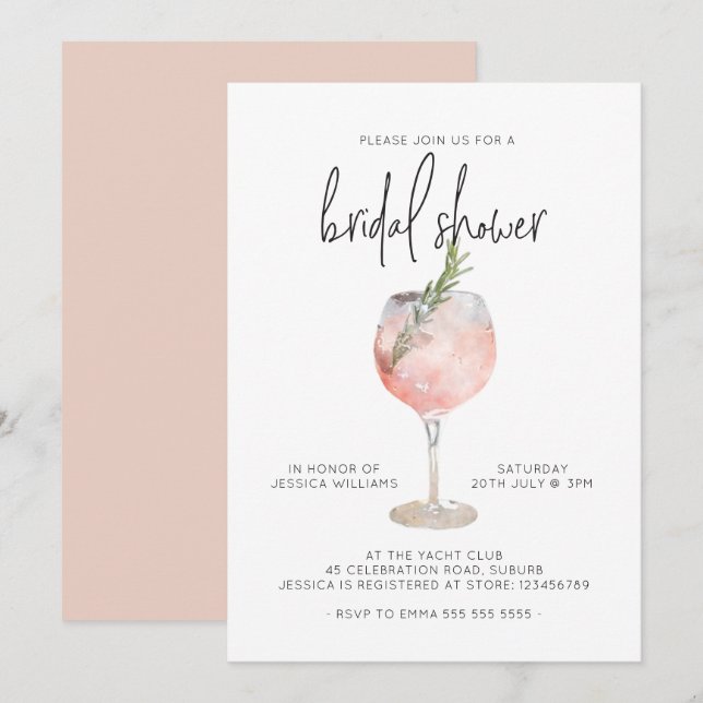 Invitación Elegante Cocktail Rosa Bubbly Brunch Bridal Shower (Anverso / Reverso)