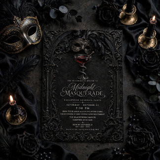 Invitación Elegante Cóctel de Halloween de Máscara Negra Góti