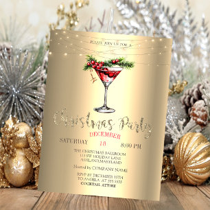 Invitación Elegante Cóctel,Luces Doradas de Navidad 