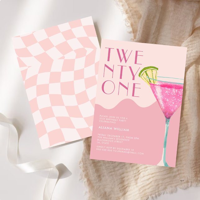 Invitación Elegante cóctel rosado de Moda 21º cumpleaños (Subido por el creador)