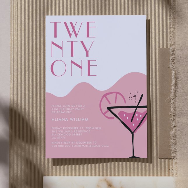 Invitación Elegante cóctel rosado de Moda 21º cumpleaños (Subido por el creador)