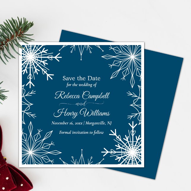 Invitación Elegante Código QR Azul De Invierno Guarda La Fech (Celebrate love with our elegant Christmas Save the Date invitation, spreading joy to all invited.)