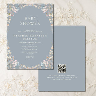 Invitación Elegante Código QR Azul Polvoriento Baby Shower de