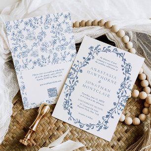 Invitación Elegante código QR azul RSVP Boda de cosecha