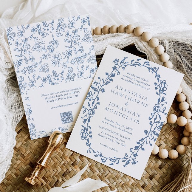 Invitación Elegante código QR azul RSVP Boda de cosecha (Subido por el creador)