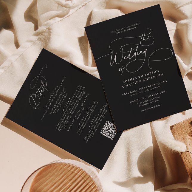Invitación Elegante código QR blanco negro todo en un Boda (Subido por el creador)