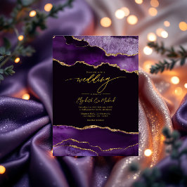 Invitación Elegante código QR Boda de Agate Purple y Gold