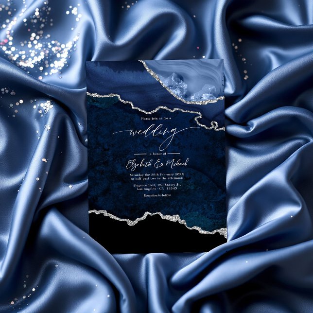 Invitación Elegante código QR Boda de la Marina Azul y Plata  (Elegant Navy Blue and Silver Agate Wedding QR Code Invitation)