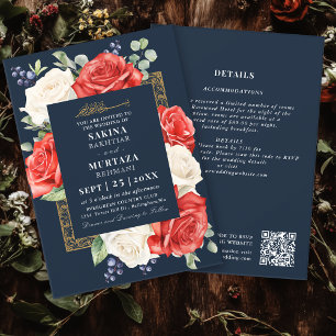 Invitación Elegante código QR Boda musulmán floral azul
