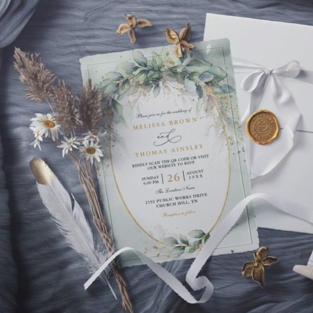 Invitación Elegante código qr boda verde acuarela chic (Subido por el creador)